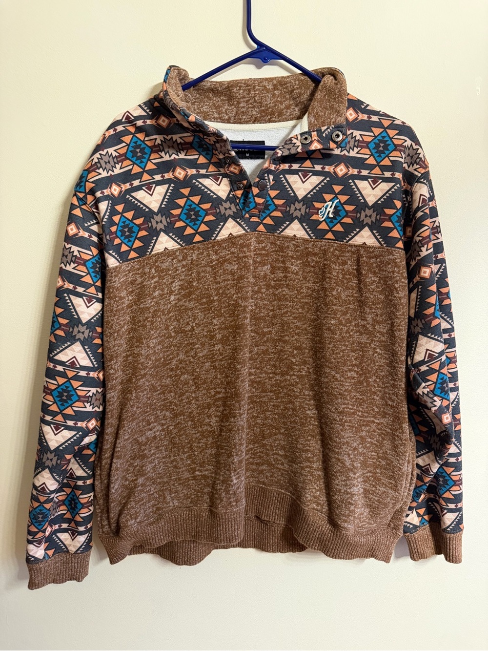 Hooey medium Men's Brown Pullover  with Aztec Print 1/4 button